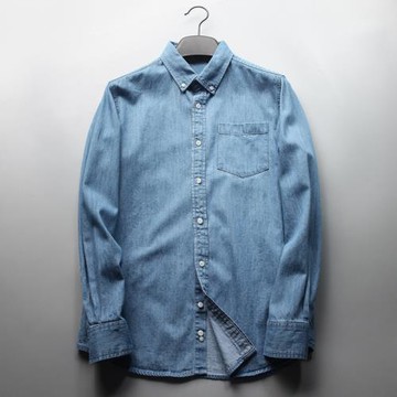 經典牛仔藍丹寧 外貿男裝工廠剪標尾貨休閑上衣春夏長袖襯衫襯衣