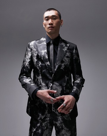 Topman peak lapel slim jacquard jacket in grey