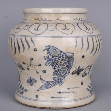 清嘉慶青花魚澡紋罐手繪仿古老貨瓷器家居中式客廳擺件古董古玩1入