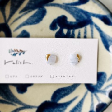 【再販】藍 Lace 瑪瑙 金繕 耳針 無孔耳夾 耳環 天然石 天空 晴空色 淺藍 藍色 金色 金 白色 小巧 迷你