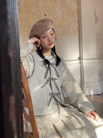 圈圈羊捲毛 霧灰色 包邊蝴蝶結背心馬甲