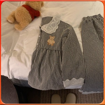 🥇台灣出貨🥇 新款ins格子睡衣女蕾絲韓版甜美可愛少女舒適傢居服休閒長款套裝 ✨️滿額免運✨️147-12-B