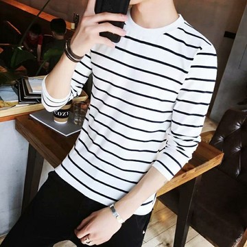 休閒圓領打底衫男|大碼80公斤男上衣|新款修身小條紋打底衫|時尚長袖T恤|春秋斑馬綫條上衣|韓版長袖打底衫|條紋t恤