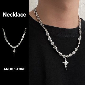 【ANHO】現貨在台/不規則/冰裂珠/十字架/串珠/拼接/項鍊/鎖骨鍊/鈦鋼