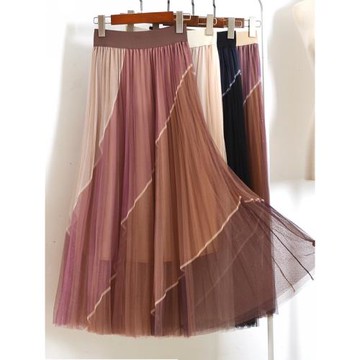 2024春新款女撞色網紗半身裙中長款拼接色紗裙垂墜三層長裙子超仙