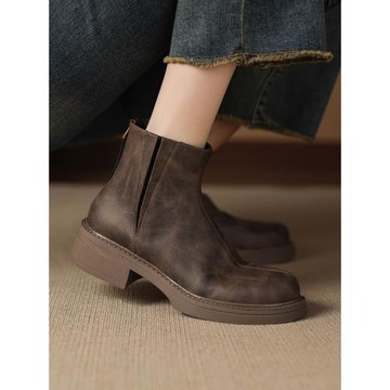 洋氣小短靴女春秋單靴圓頭中跟粗跟真皮40大碼4142后拉鏈棕色加絨