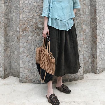 2025秋冬新女 日系韓版大碼寬松復古學院風做舊棉麻亞麻半身裙