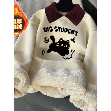 女童加絨衛衣兒童秋冬季羊羔絨加厚衛衣中大童寬松保暖外穿上衣潮