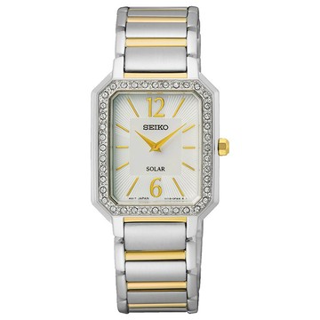 【SEIKO】精工 SUP466P1 方形女錶 太陽能 鋼錶帶女錶 金/銀 V115-0DE0GS