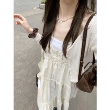 Brandy虞書欣同款鞠婧祎純欲米白色連衣裙女bm蛋糕裙收腰吊帶裙子