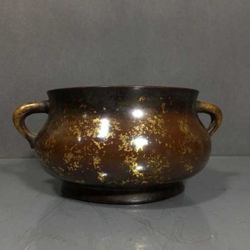 老件紫銅灑金宣德款高8.5*19*12公分2.5公斤雙飛龍耳香爐擺件