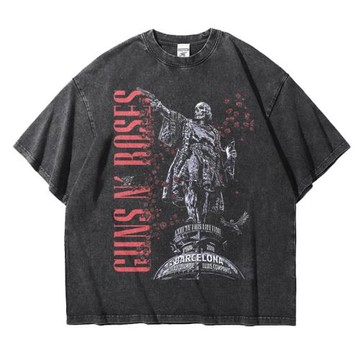 槍炮玫瑰金屬搖滾槍花樂隊阿美咔嘰做舊復古水洗T恤落肩純棉寬松