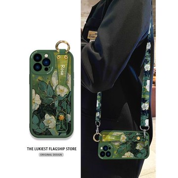 適用蘋果16手機殼斜挎油畫玫瑰iphone16ProMax背帶15pro掛繩12手腕帶支架14套mini女11新款13花朵plus硅膠