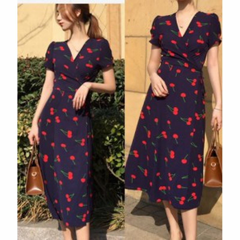 ワンピース レディース 半袖ワンピース ハイウエストワンピース 花柄 さくらんぼ柄 チェリー柄 スリム Vネック プリント ロング丈 通販 Lineポイント最大1 0 Get Lineショッピング