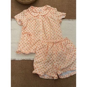 DUYI~夢詩 睡衣套裝女橘色波點娃娃領可愛風學生宿舍荷葉花邊女款夏季柔軟短袖
