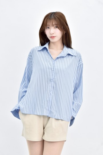 (2XL)  藍色條紋長袖襯衫上衣