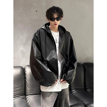 短版連帽皮衣廓形外套男 2025春秋冬季新款復古痞帥寬鬆夾克衣服
