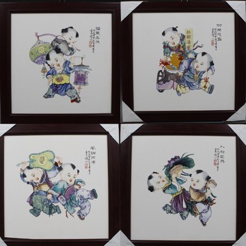 景德鎮陶瓷板畫催財童子人物背景墻有框壁掛屏裝飾畫四副一套出售