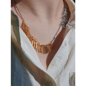 耳邊鐺306多種戴法麥穗流蘇金銀撞色項鏈銀色高級感金屬毛衣頸鏈