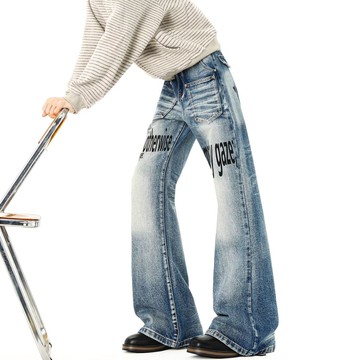 秋冬新款潮流印花牛仔褲男韓版緊身窄管潮流帥氣百搭長褲男