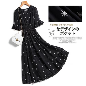 2024夏新款大碼女裝雪紡皺碎花公主裙胖妹妹顯瘦遮肚子碎花連衣裙
