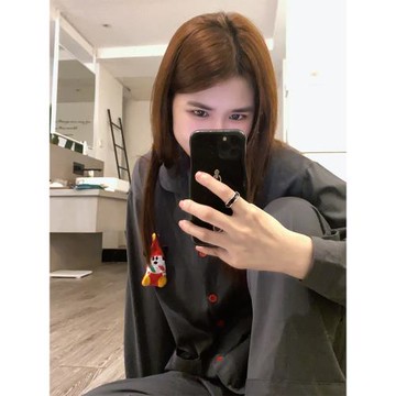 韓國慵懶米奇純棉睡衣女純色春秋ins男友風情侶長袖長褲家居服