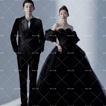 展會新款影樓拍照婚紗主題服裝抹胸泡泡袖黑色森系法式拖尾復古