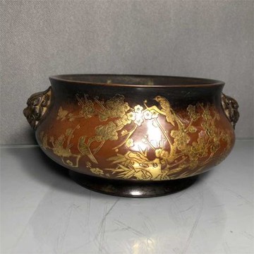 老件紫銅鎏金雕花宣德款高9.5*23*16.6公分3.7公斤虎頭香爐擺件