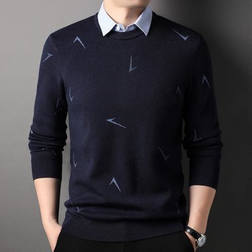 春秋季休閑假兩件套男襯衫領長袖t恤韓版時尚男裝修身針織打底衫