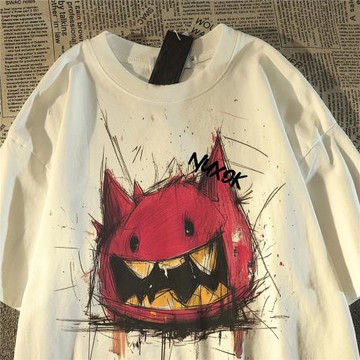 美式復古惡魔印花純棉短袖t恤男女2025新款夏季情侶街頭半袖上衣