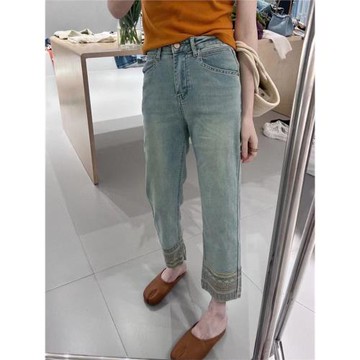 淺色九分直筒牛仔褲女春季印花高腰修身彈力小個子拼接法混煙管褲