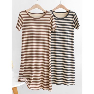 帶胸墊睡裙女短袖休閑條紋睡衣夏季家居服免穿文胸罩杯一體連衣裙