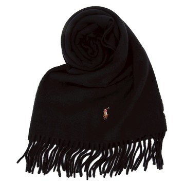 POLO Ralph Lauren刺繡小馬雙側流蘇羊毛圍巾(黑色)780941-10｜GoBrand購名牌