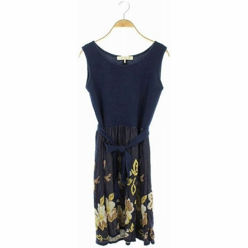 チェスティ Chesty ワンピース ニット ノースリーブ フレア ギャザー 膝丈 花柄 ベルトリボン ラウンドネック 0 紺 Os レディース 中古 ベクトル 古 通販 Lineポイント最大0 5 Get Lineショッピング