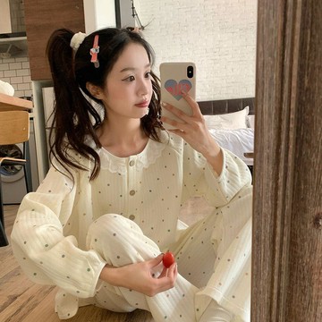 可可裡🌺秋冬季新款甜美花邊波點睡衣女保暖加厚空氣棉家居服可外穿