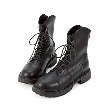 率性圓頭綁帶中筒厚底靴 黑色