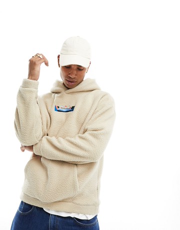 Only & Sons borg hoodie with chest embroidery in beige-Neutral