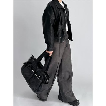 YAU大樹 未來復古風黑色機車包大容量手提包多拉鏈單肩斜挎包朋克