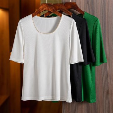 同恩U領醋酸坑條T恤女士2022夏季新款修身顯瘦洋氣百搭短款上衣潮