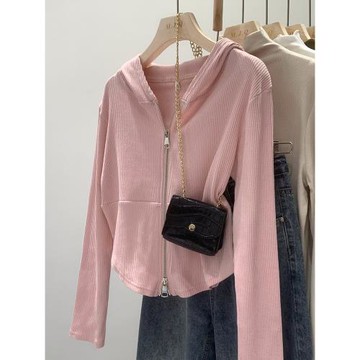 粉色螺紋短款外套女秋季2025新款百搭純棉雙拉鏈開衫長袖連帽上衣
