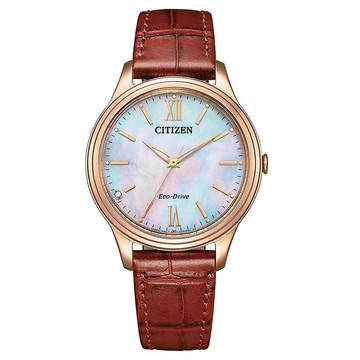 【CITIZEN】星辰 Eco-Drive光動能 EM0419-11D 羅馬字 藍寶石鏡面 皮錶帶女錶 玫瑰金 34mm