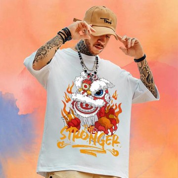 潮牌男裝中國元素t恤寬松胖子大碼獅子頭醒獅衣服男士短袖國潮