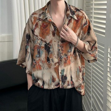 花襯衫男高級感痞帥夏薄款短袖男款冰絲穿搭復古襯衣港風2025