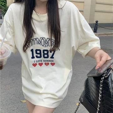 買五件送一件 印花短袖t恤女 簡約復古字母 夏季新款短T 潮T 寬鬆上衣 oversized時尚百搭中長款衣服 休閑上衣