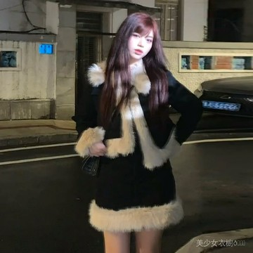 免運 台灣出貨 【柏林紀事】複古設計感拚接毛毛黑色外套+短裙鞦鼕套裝女新款潮限時下殺 012