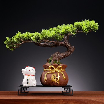 優樂悅~室內仿真迎客松盆景客廳綠植盆栽辦公桌植物陶瓷貓開業送禮裝飾品