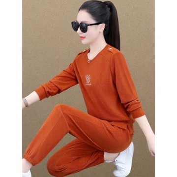 BBQ運動休閑套裝女春秋2023年純色刺繡洋氣媽媽衛衣大碼兩件套