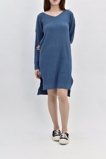 (L) 質感針織長袖藍色洋裝