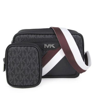 MICHAEL KORS Rivington防刮滿版Logo雙色織紋寬帶二合一相機斜背包(黑/暗紅)