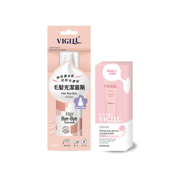 VIGILL 輕柔理毛身體美白舒緩組-(光潔慕斯x1+唇美白凝露x1+除毛凝膠x1+女性衛生紙x1)